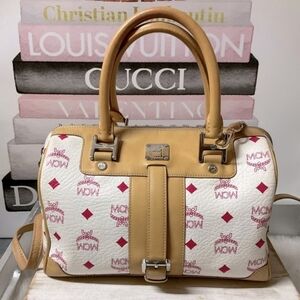 MCM White & Tan Logo Boston  Satchel Bag Purse W COA & Dust Bag